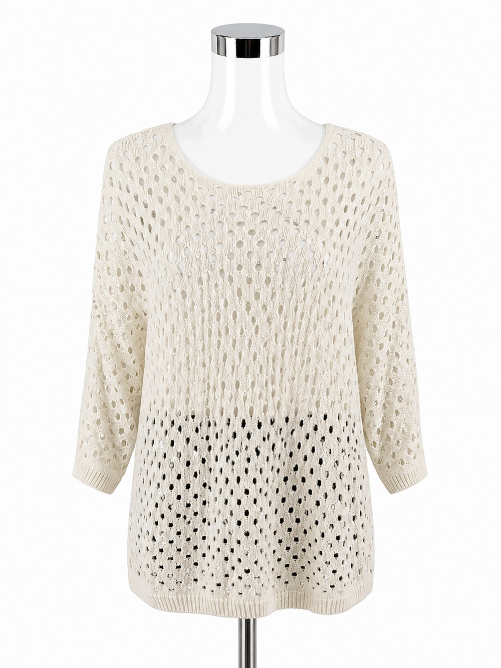 Chico's Size 3 (XL) Ecru Ivory Open Knit Sequin Sweater 3/4 Sleeve